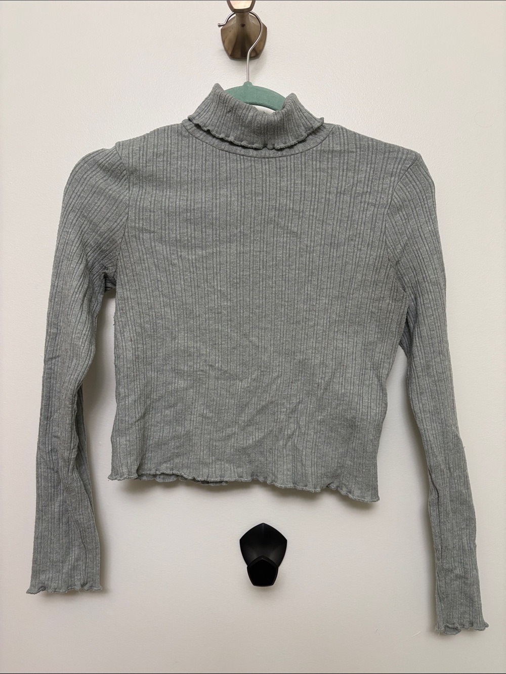 Madewell Soft Green Mock Neck Lightweight Sweater with Ruffled Hem